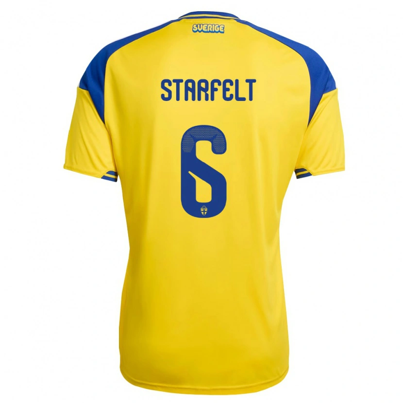 Danxen Hombre Camiseta Suecia Carl Starfelt #6 Amarillo Azul Blanco 1ª Equipación 26-28 La Camisa