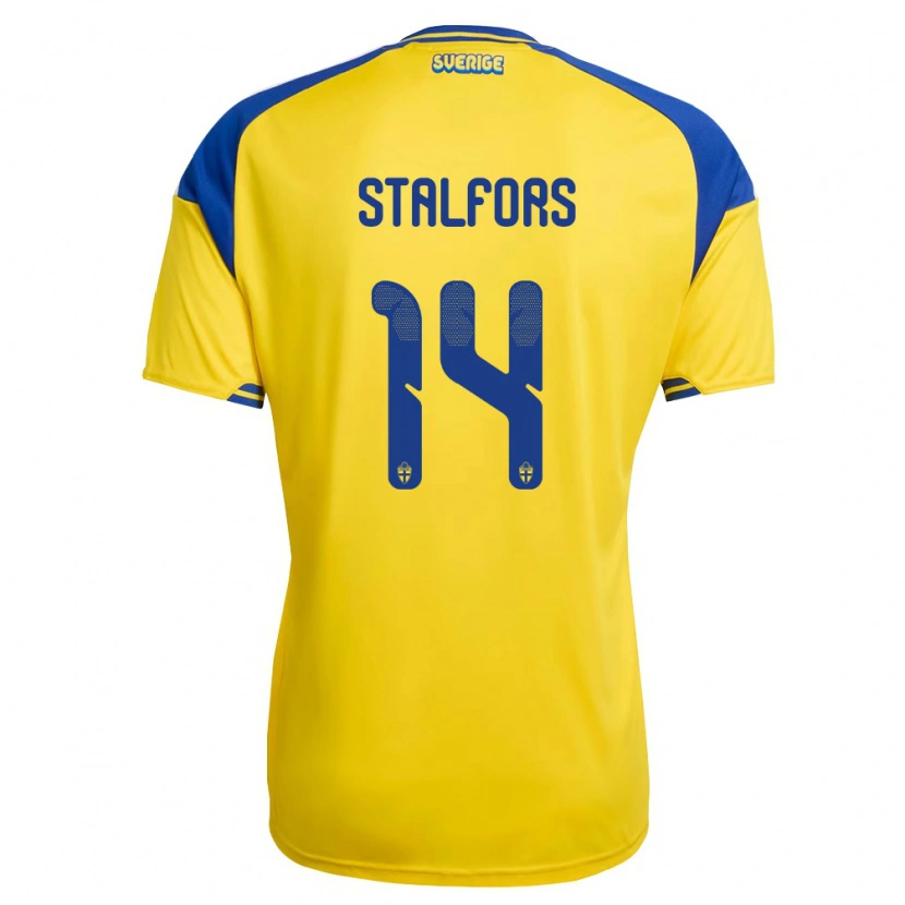 Danxen Hombre Camiseta Suecia Oskar Stålfors #14 Amarillo Azul Blanco 1ª Equipación 26-28 La Camisa