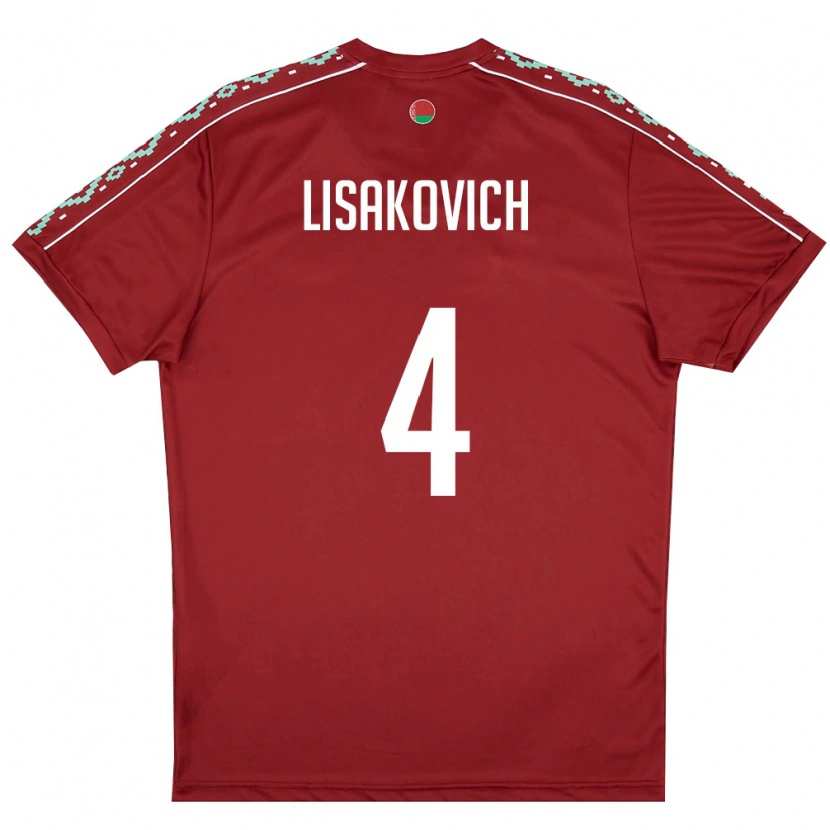 Danxen Hombre Camiseta Bielorrusia Ruslan Lisakovich #4 Rojo Oscuro Blanco 1ª Equipación 26-28 La Camisa