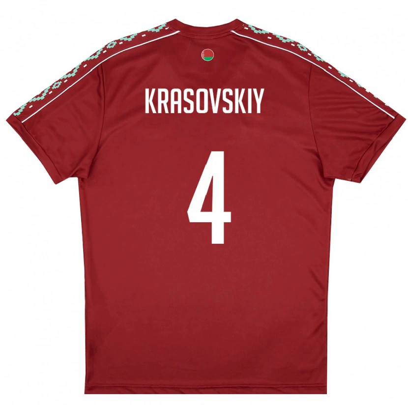 Danxen Hombre Camiseta Bielorrusia Vladislav Krasovskiy #4 Rojo Oscuro Blanco 1ª Equipación 26-28 La Camisa