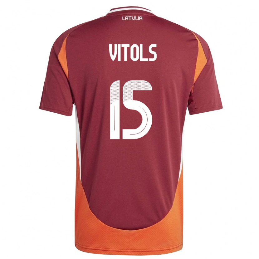 Danxen Hombre Camiseta Letonia Rauls Vitols #15 Rojo Oscuro Blanco Naranja 1ª Equipación 26-28 La Camisa