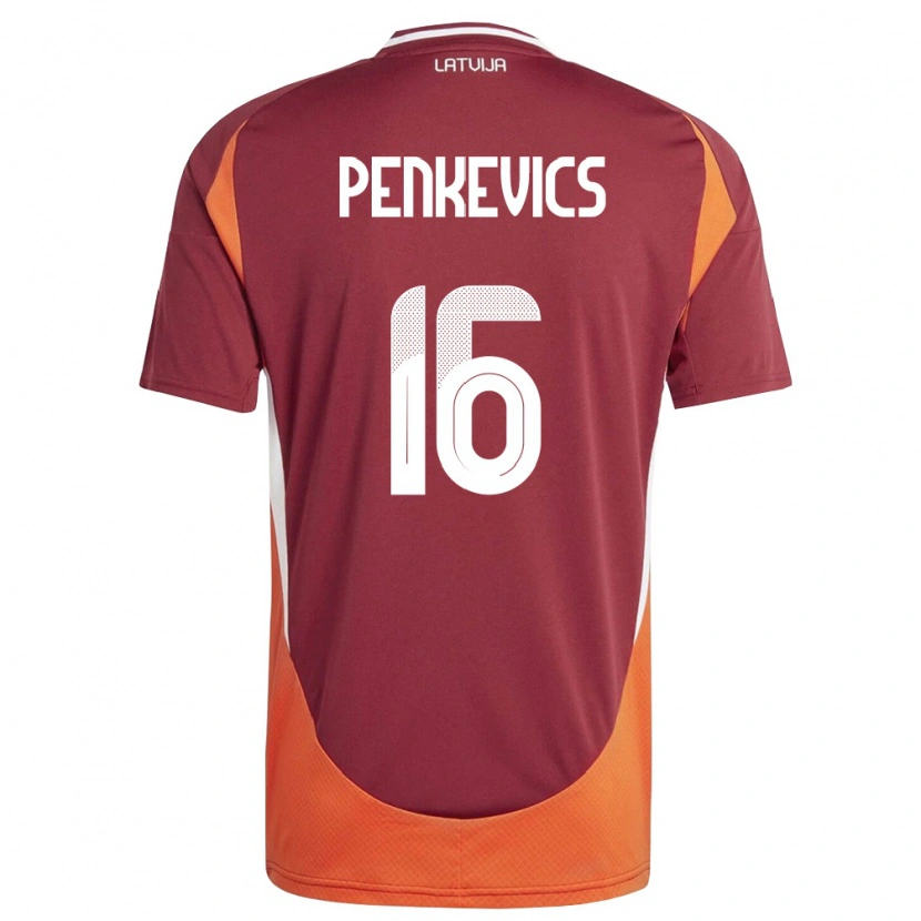 Danxen Hombre Camiseta Letonia Kristers Penkevics #16 Rojo Oscuro Blanco Naranja 1ª Equipación 26-28 La Camisa