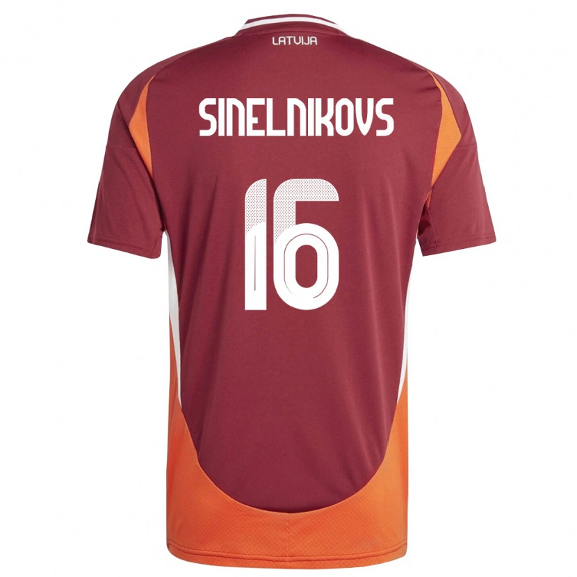 Danxen Hombre Camiseta Letonia Aleksandrs Sinelnikovs #16 Rojo Oscuro Blanco Naranja 1ª Equipación 26-28 La Camisa
