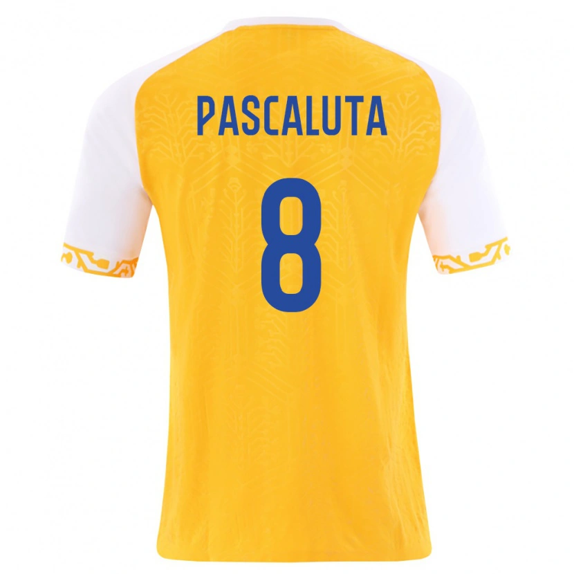 Danxen Hombre Camiseta Moldavia Cristian Păscăluță #8 Amarillo Blanco 2ª Equipación 26-28 La Camisa