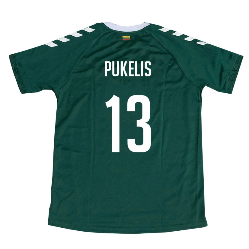 Danxen Hombre Camiseta Lituania Oskar Pukelis #13 Verde Oscuro Blanco 2ª Equipación 26-28 La Camisa