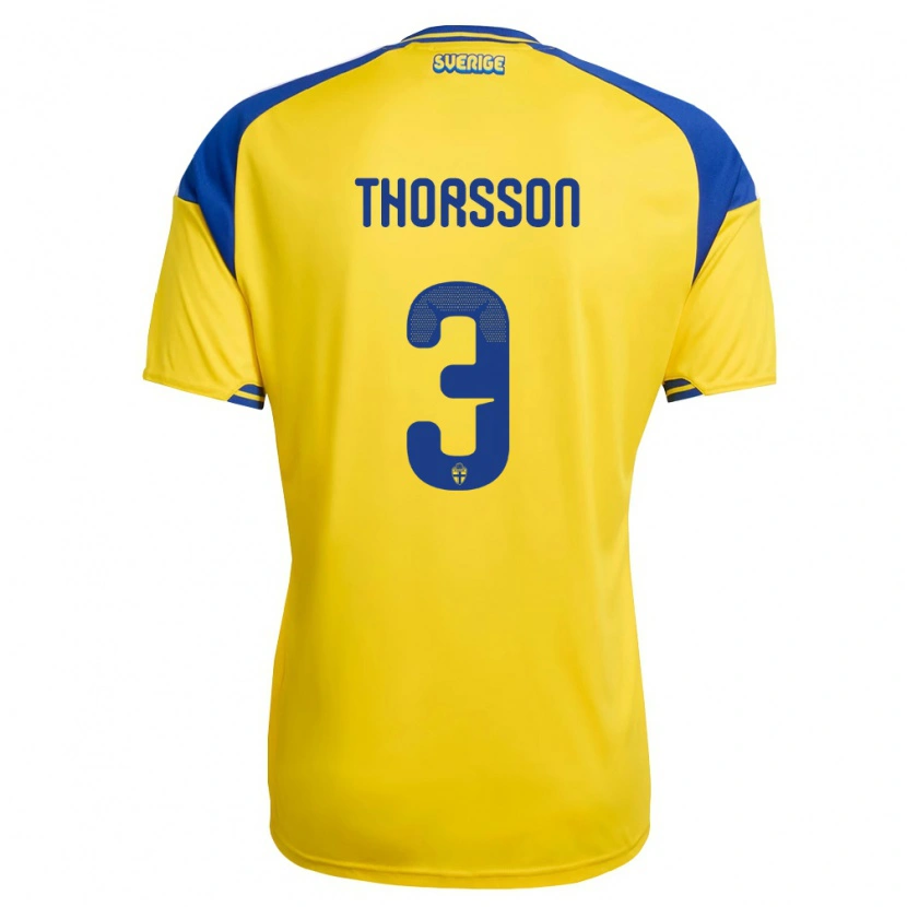 Danxen Mujer Camiseta Suecia Hampus Thorsson #3 Amarillo Azul Blanco 1ª Equipación 26-28 La Camisa