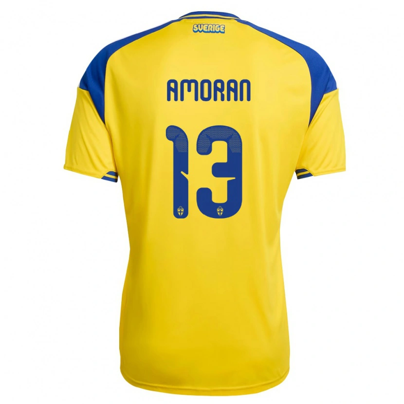 Danxen Mujer Camiseta Suecia Peter Amoran #13 Amarillo Azul Blanco 1ª Equipación 26-28 La Camisa