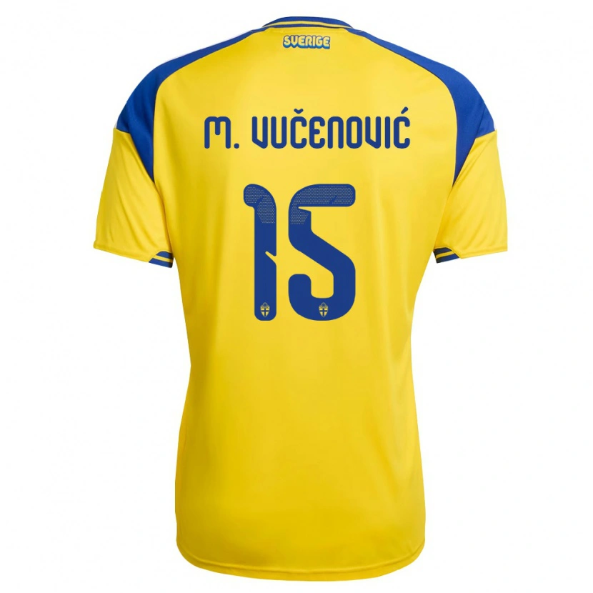 Danxen Mujer Camiseta Suecia Melvin Vučenović Persson #15 Amarillo Azul Blanco 1ª Equipación 26-28 La Camisa