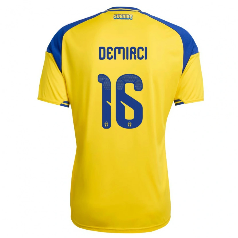 Danxen Mujer Camiseta Suecia Rayan Demirci #16 Amarillo Azul Blanco 1ª Equipación 26-28 La Camisa