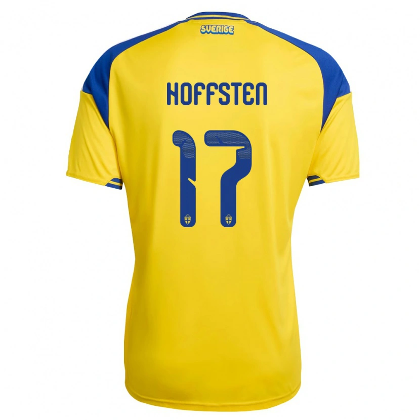 Danxen Mujer Camiseta Suecia Hugo Hoffsten #17 Amarillo Azul Blanco 1ª Equipación 26-28 La Camisa