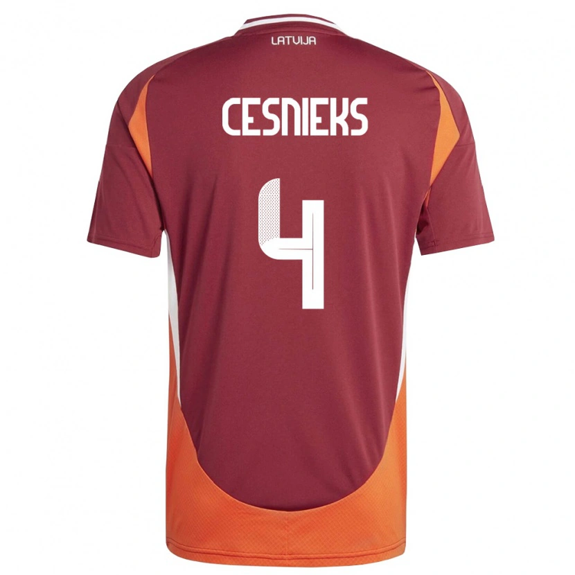 Danxen Mujer Camiseta Letonia Kevins Cesnieks #4 Rojo Oscuro Blanco Naranja 1ª Equipación 26-28 La Camisa