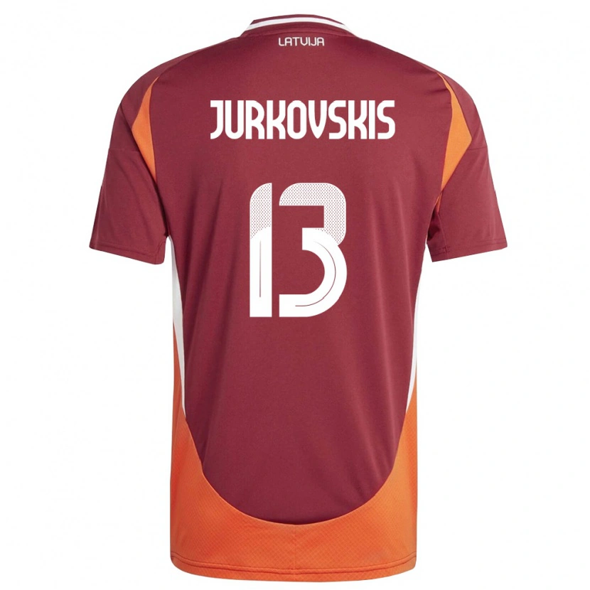 Danxen Mujer Camiseta Letonia Raivis Jurkovskis #13 Rojo Oscuro Blanco Naranja 1ª Equipación 26-28 La Camisa