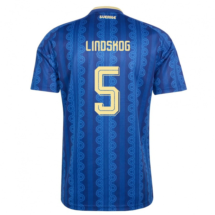 Danxen Mujer Camiseta Suecia Hugo Lindskog #5 Azul Amarillo Marino 2ª Equipación 26-28 La Camisa