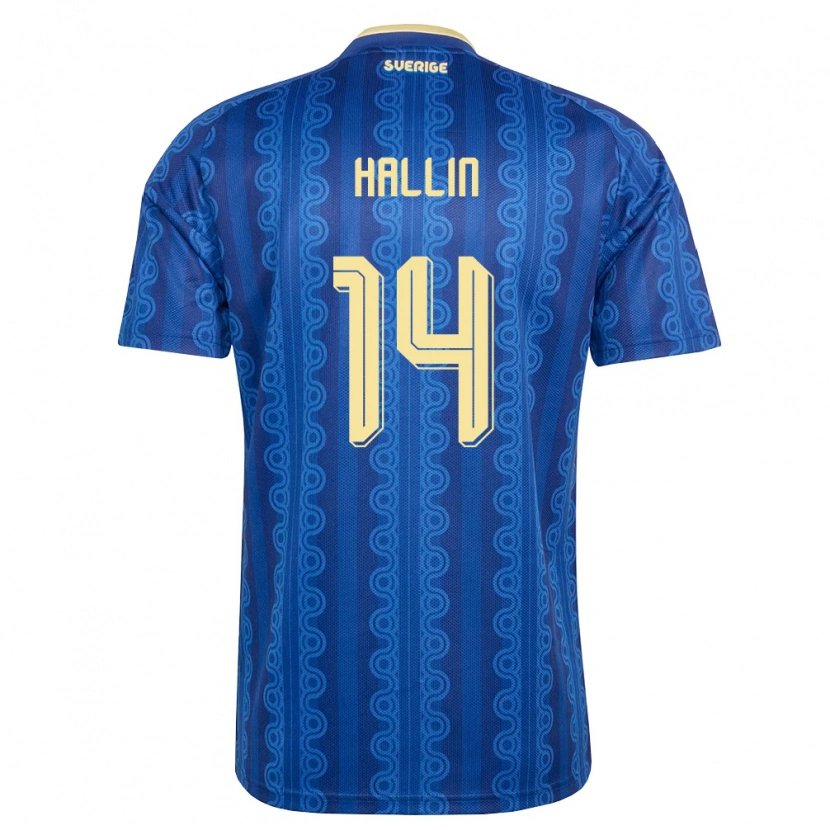 Danxen Mujer Camiseta Suecia Malte Hallin #14 Azul Amarillo Marino 2ª Equipación 26-28 La Camisa