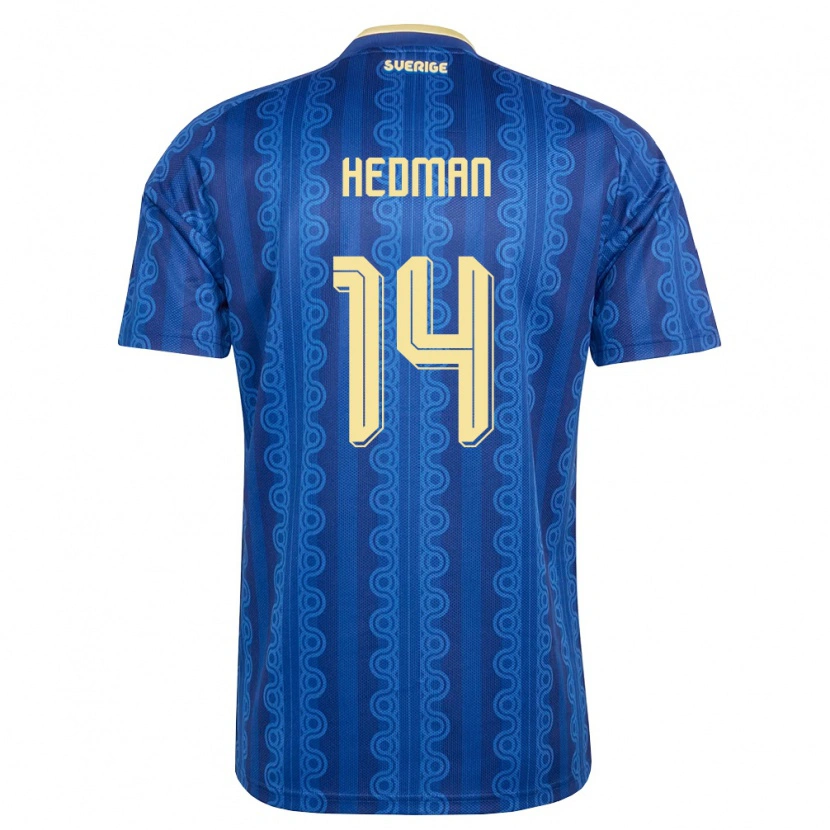 Danxen Mujer Camiseta Suecia Melwin Hedman #14 Azul Amarillo Marino 2ª Equipación 26-28 La Camisa