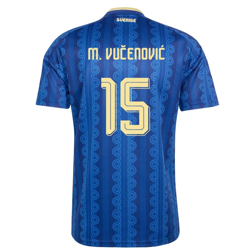 Danxen Mujer Camiseta Suecia Melvin Vučenović Persson #15 Azul Amarillo Marino 2ª Equipación 26-28 La Camisa
