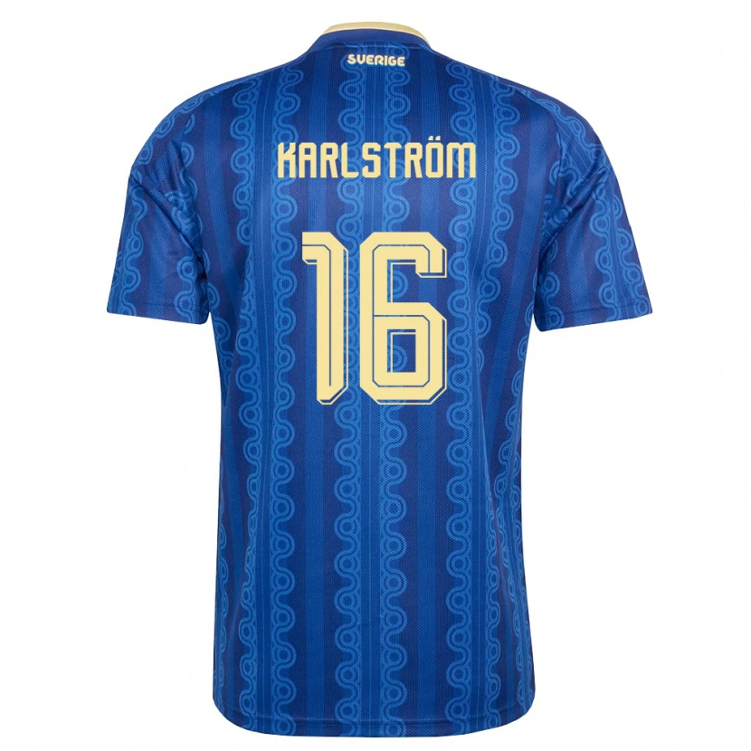 Danxen Mujer Camiseta Suecia Jesper Karlström #16 Azul Amarillo Marino 2ª Equipación 26-28 La Camisa