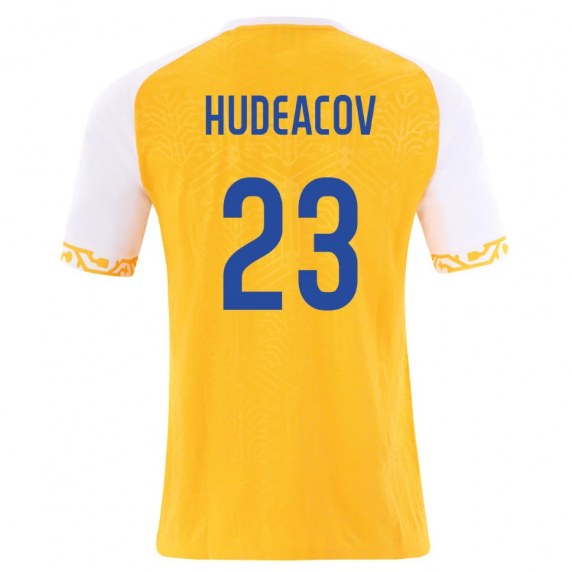 Danxen Mujer Camiseta Moldavia Andrei Hudeacov #23 Amarillo Blanco 2ª Equipación 26-28 La Camisa