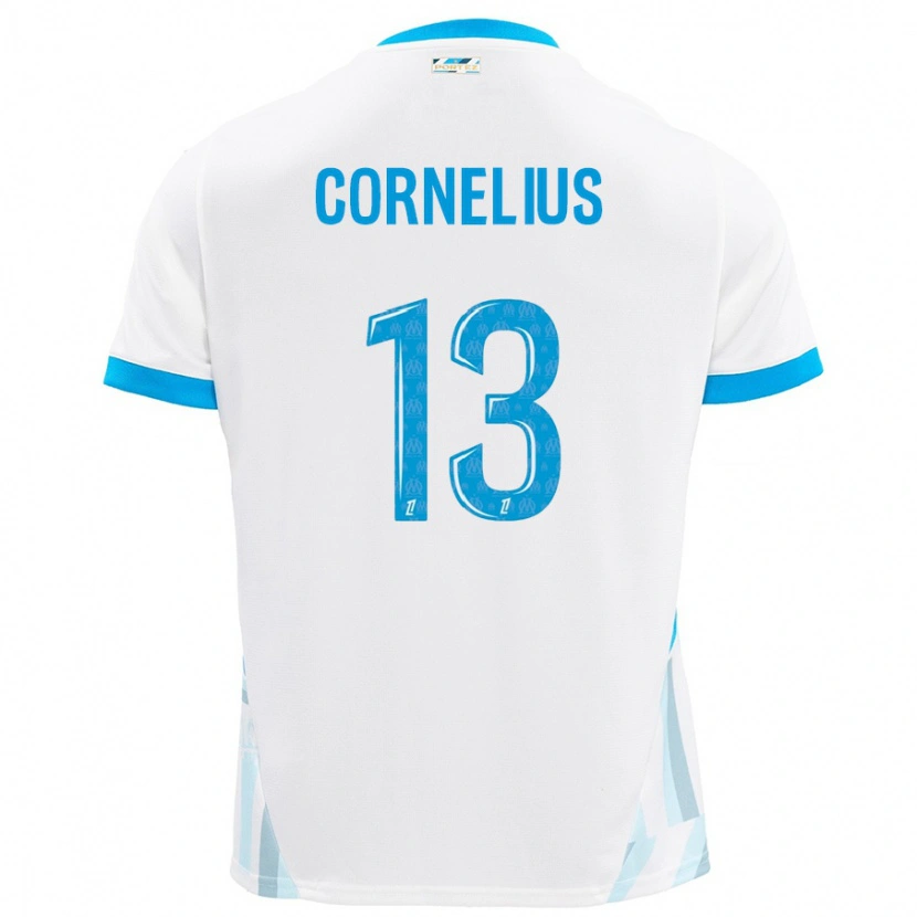 Danxen Niño Camiseta Derek Cornelius #13 Blanco Azul Cielo 1ª Equipación 2024/25 La Camisa