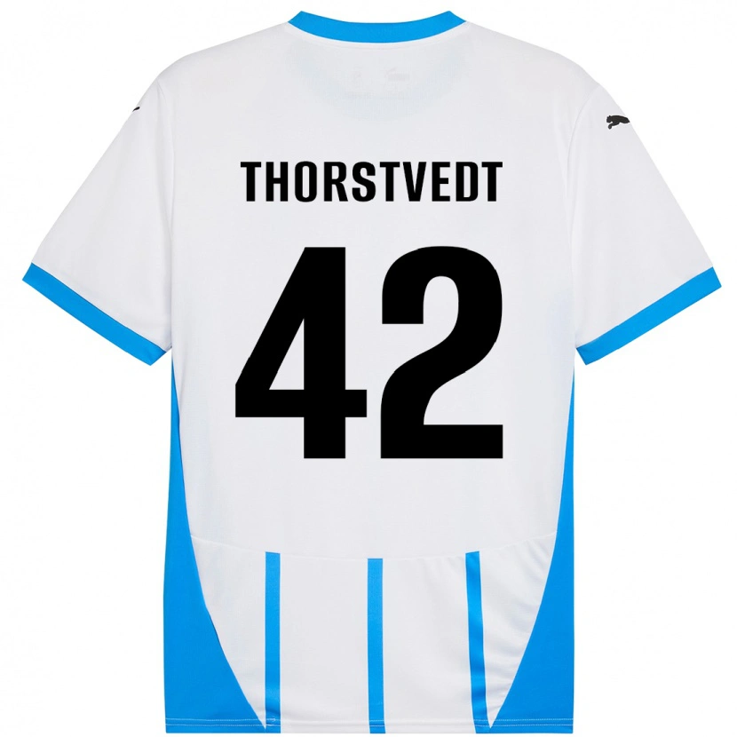 Danxen Niño Camiseta Kristian Thorstvedt #42 Blanco Azul 2ª Equipación 2024/25 La Camisa