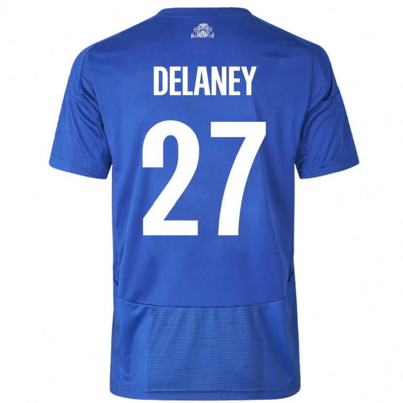 Danxen Niño Camiseta Thomas Delaney #27 Blanco Azul 2ª Equipación 2024/25 La Camisa
