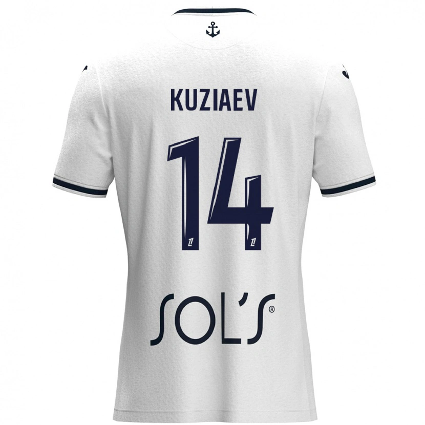 Danxen Hombre Camiseta Daler Kuzyaev #14 Blanco Azul Oscuro 2ª Equipación 2024/25 La Camisa