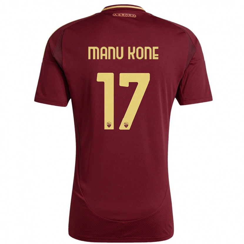 Danxen Mujer Camiseta Manu Koné #17 Rojo Marrón Dorado 1ª Equipación 2024/25 La Camisa